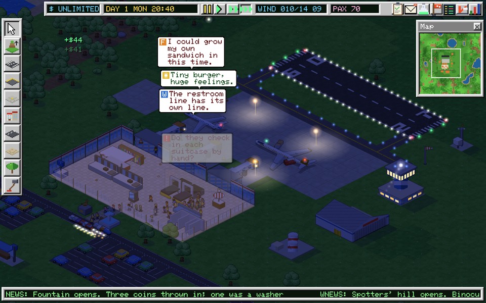 A night scene at a busy airport with lit runways and passenger thought bubbles