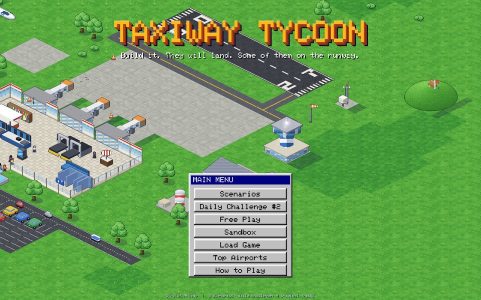 The Taxiway Tycoon title screen over a small airport