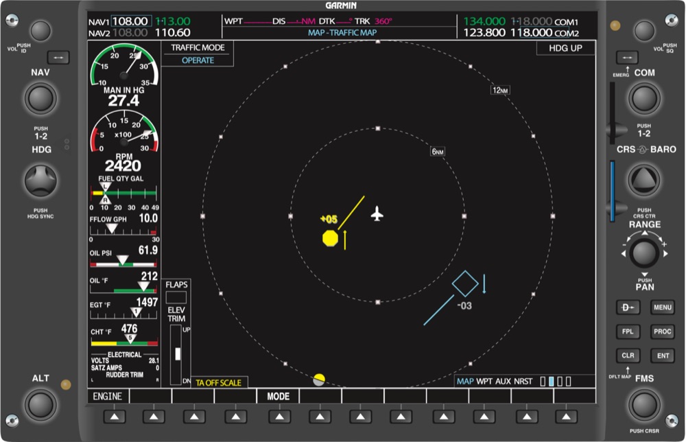 FAA figure of a multifunction display in traffic map mode showing a traffic advisory 500 ft above and a target 300 ft below