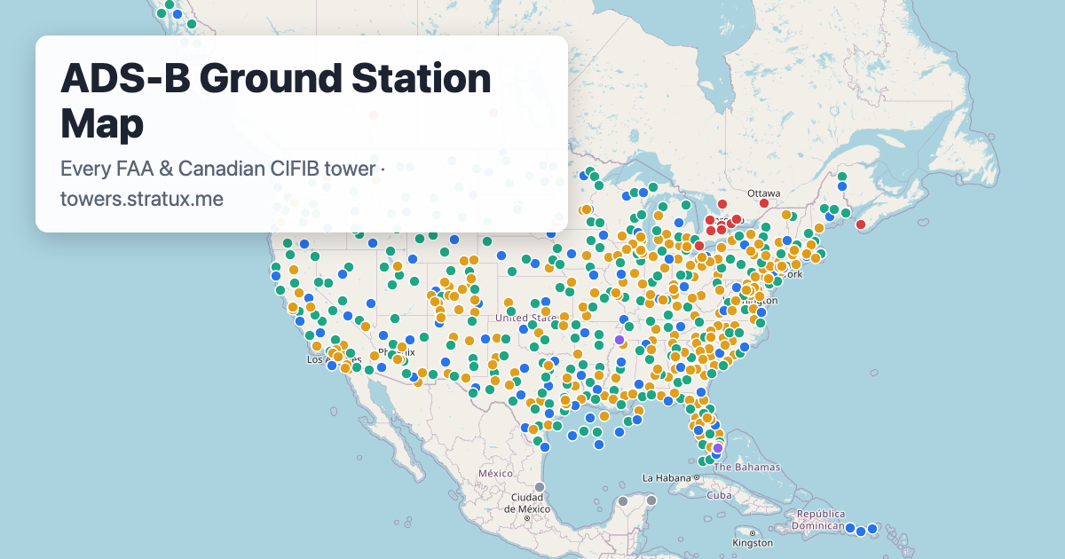 Map of ADS-B ground stations across the United States and Canada, colored by tier